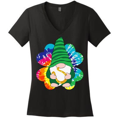 Irish Shamrock Gnome Tie Dye Hippie St. Patricks Day Women's V-Neck T-Shirt