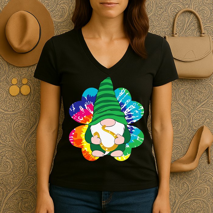 Irish Shamrock Gnome Tie Dye Hippie St. Patricks Day Women's V-Neck T-Shirt