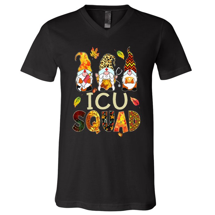 ICU Squad Gnome Nurse Leopard Thanksgiving Fall Stethoscope V-Neck T-Shirt