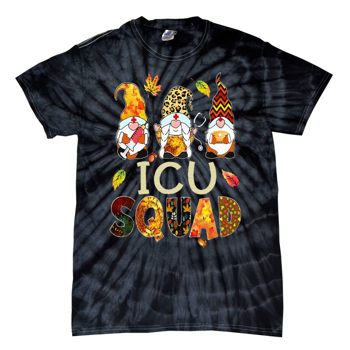 ICU Squad Gnome Nurse Leopard Thanksgiving Fall Stethoscope Tie-Dye T-Shirt