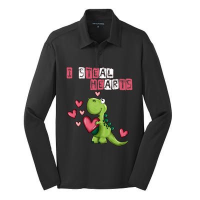 I Steal Hearts Trex Dino Baby Boy Valentines Day Silk Touch Performance Long Sleeve Polo