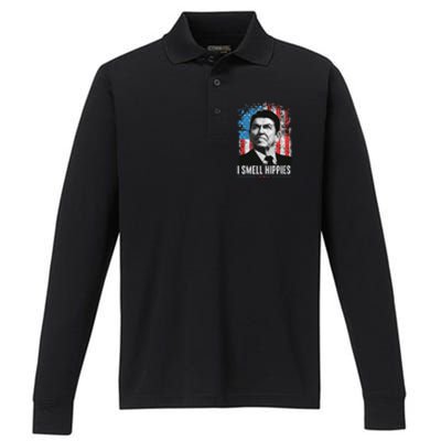 I Smell Hippies Retro American Flag Patriotic Performance Long Sleeve Polo