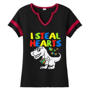 I Steal Hearts Trex Dinosaur Boy Autism Awareness Ladies Halftime Notch Neck Tee