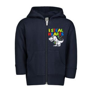 I Steal Hearts Trex Dinosaur Boy Autism Awareness Toddler Zip Fleece Hoodie