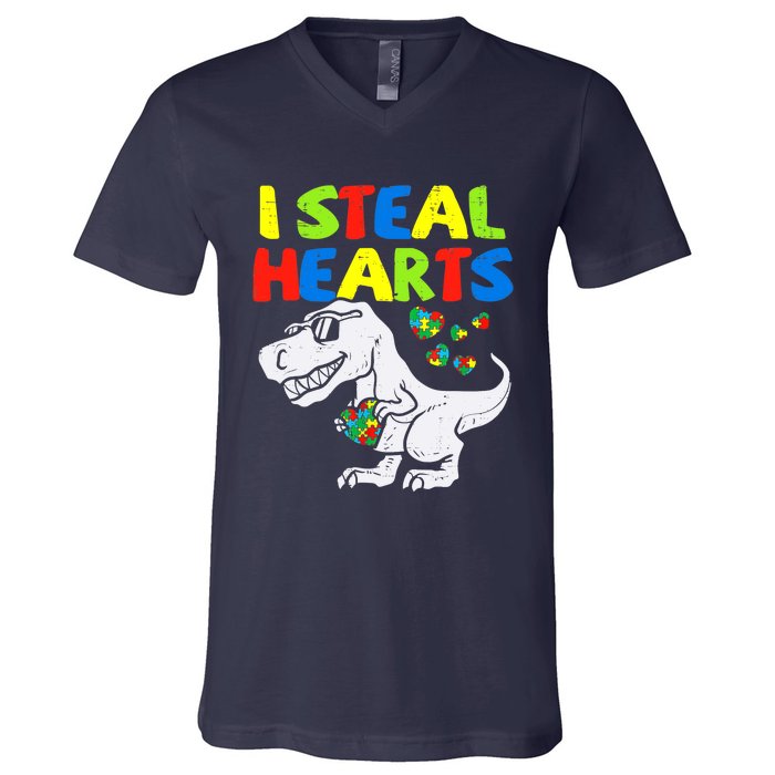 I Steal Hearts Trex Dinosaur Boy Autism Awareness V-Neck T-Shirt