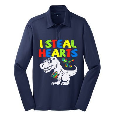 I Steal Hearts Trex Dinosaur Boy Autism Awareness Silk Touch Performance Long Sleeve Polo