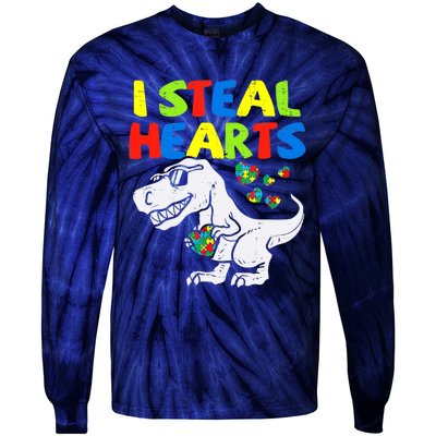 I Steal Hearts Trex Dinosaur Boy Autism Awareness Tie-Dye Long Sleeve Shirt