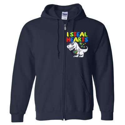 I Steal Hearts Trex Dinosaur Boy Autism Awareness Full Zip Hoodie