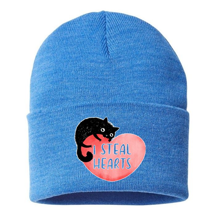 I Steal Hearts Cute Cat Valentin Quote Gift Sustainable Knit Beanie