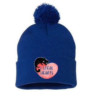 I Steal Hearts Cute Cat Valentin Quote Gift Pom Pom 12in Knit Beanie