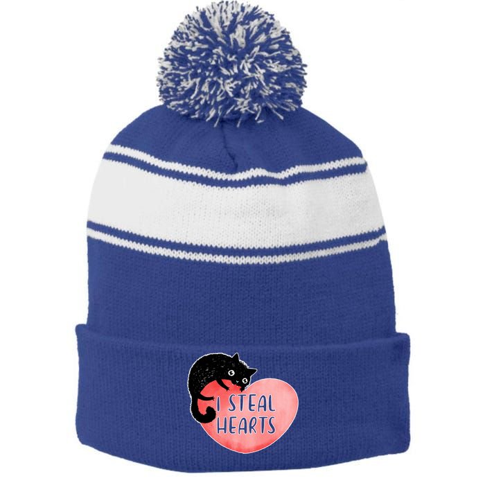 I Steal Hearts Cute Cat Valentin Quote Gift Stripe Pom Pom Beanie