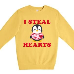 I Steal Hearts Funny Valentines Day Penguin Cool Cute Gift Premium Crewneck Sweatshirt