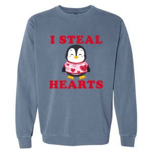 I Steal Hearts Funny Valentines Day Penguin Cool Cute Gift Garment-Dyed Sweatshirt