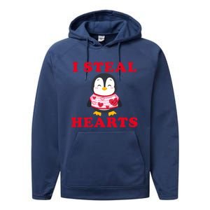 I Steal Hearts Funny Valentines Day Penguin Cool Cute Gift Performance Fleece Hoodie