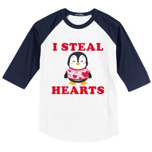 I Steal Hearts Funny Valentines Day Penguin Cool Cute Gift Baseball Sleeve Shirt