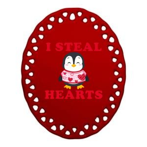 I Steal Hearts Funny Valentines Day Penguin Cool Cute Gift Ceramic Oval Ornament