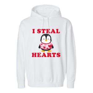 I Steal Hearts Funny Valentines Day Penguin Cool Cute Gift Garment-Dyed Fleece Hoodie