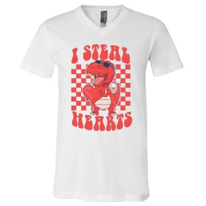 I Steal Hearts Dinosaur Valentines V-Neck T-Shirt