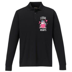 I Steal Hearts Unicorn Lover Valentine's Day Hearts Gift Performance Long Sleeve Polo