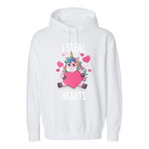 I Steal Hearts Unicorn Lover Valentine's Day Hearts Gift Garment-Dyed Fleece Hoodie