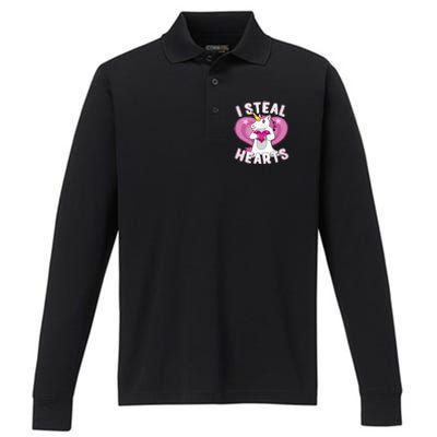 I Steal Hearts Unicorn Valentine's Day Funny Gift Performance Long Sleeve Polo