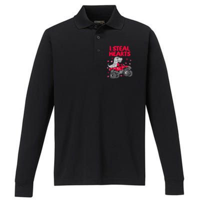 I Steal Hearts Dinosaur Valentines Day Performance Long Sleeve Polo