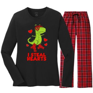 I Steal Hearts Dinosaur Valentines Day Women's Long Sleeve Flannel Pajama Set 