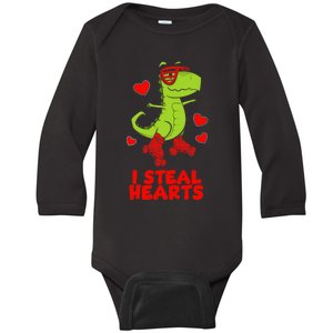 I Steal Hearts Dinosaur Valentines Day Baby Long Sleeve Bodysuit