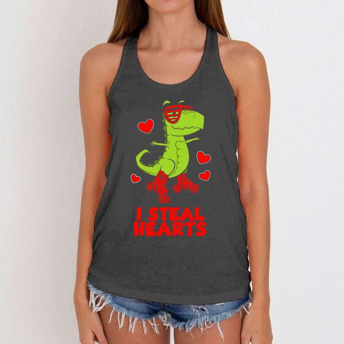 I Steal Hearts Dinosaur Valentines Day Women's Knotted Racerback Tank