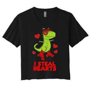 I Steal Hearts Dinosaur Valentines Day Women's Crop Top Tee