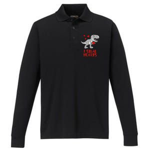 I Steal Hearts Dinosaur Valentines Day Performance Long Sleeve Polo