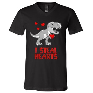 I Steal Hearts Dinosaur Valentines Day V-Neck T-Shirt