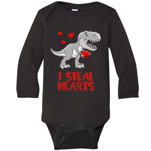 I Steal Hearts Dinosaur Valentines Day Baby Long Sleeve Bodysuit