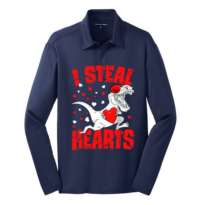 I Steal Hearts Trex Dino Baby Boy Valentines Day Gifts Silk Touch Performance Long Sleeve Polo