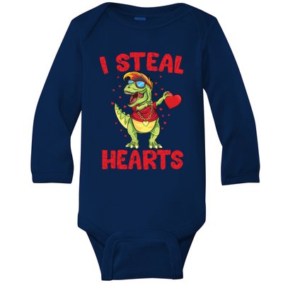 I Steal Hearts Cool Dinosaur Dabbing T Rex Valentines Day Gift Baby Long Sleeve Bodysuit