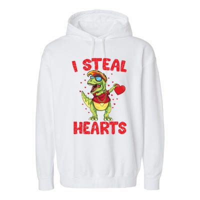 I Steal Hearts Cool Dinosaur Dabbing T Rex Valentines Day Gift Garment-Dyed Fleece Hoodie