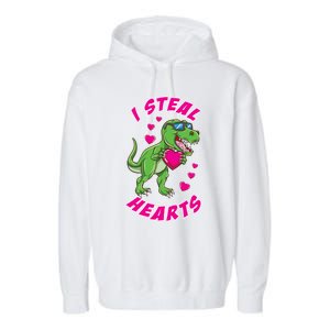 I Steal Hearts Dinosaur Valentines Day Gift Garment-Dyed Fleece Hoodie