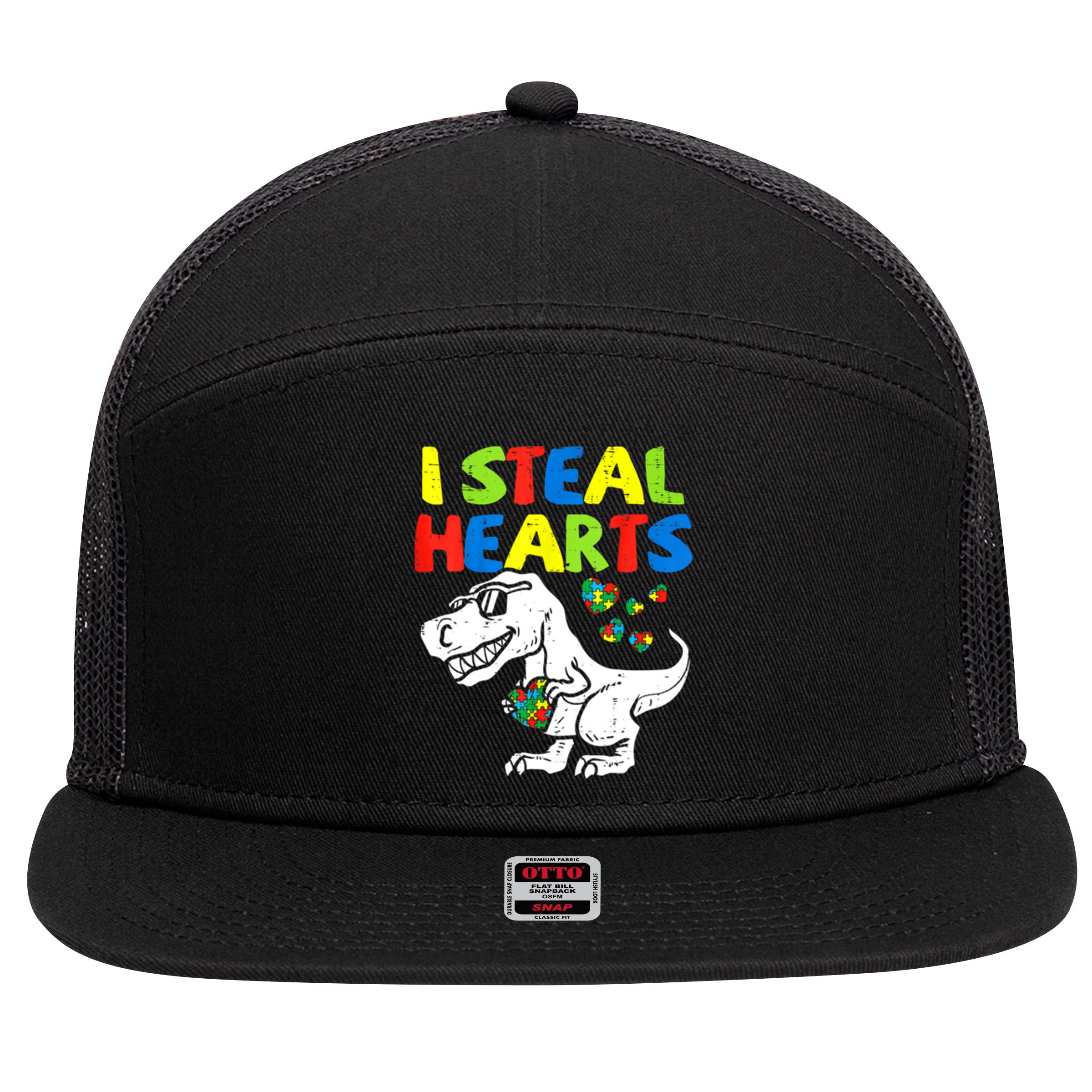I Steal Hearts Autism Dinosaur 7 Panel Mesh Trucker Snapback Hat
