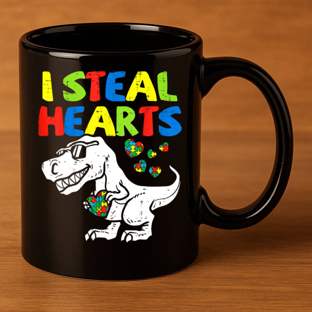 I Steal Hearts Autism Dinosaur 11oz C Handle Ceramic Mug