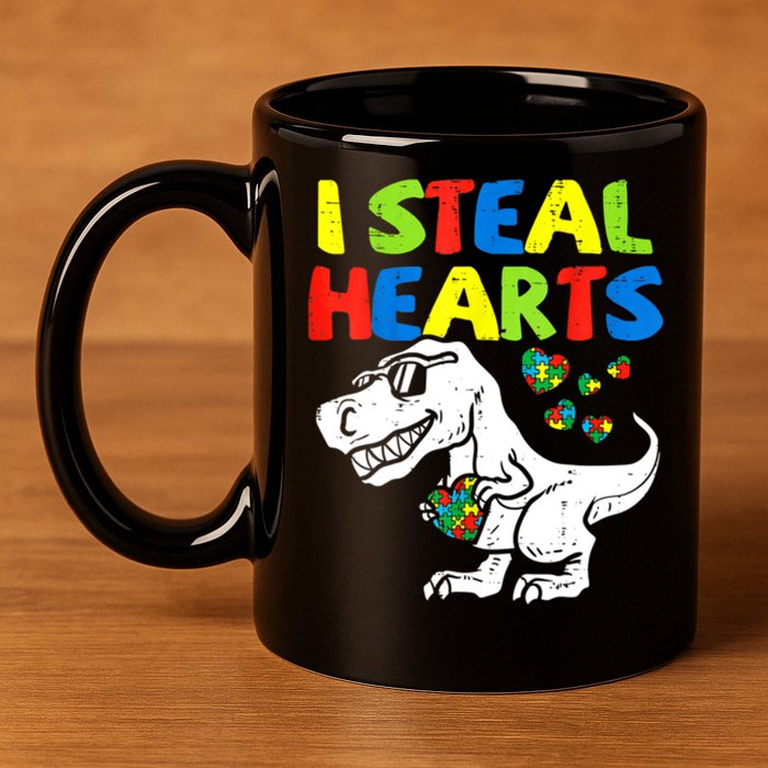 I Steal Hearts Autism Dinosaur 11oz C Handle Ceramic Mug