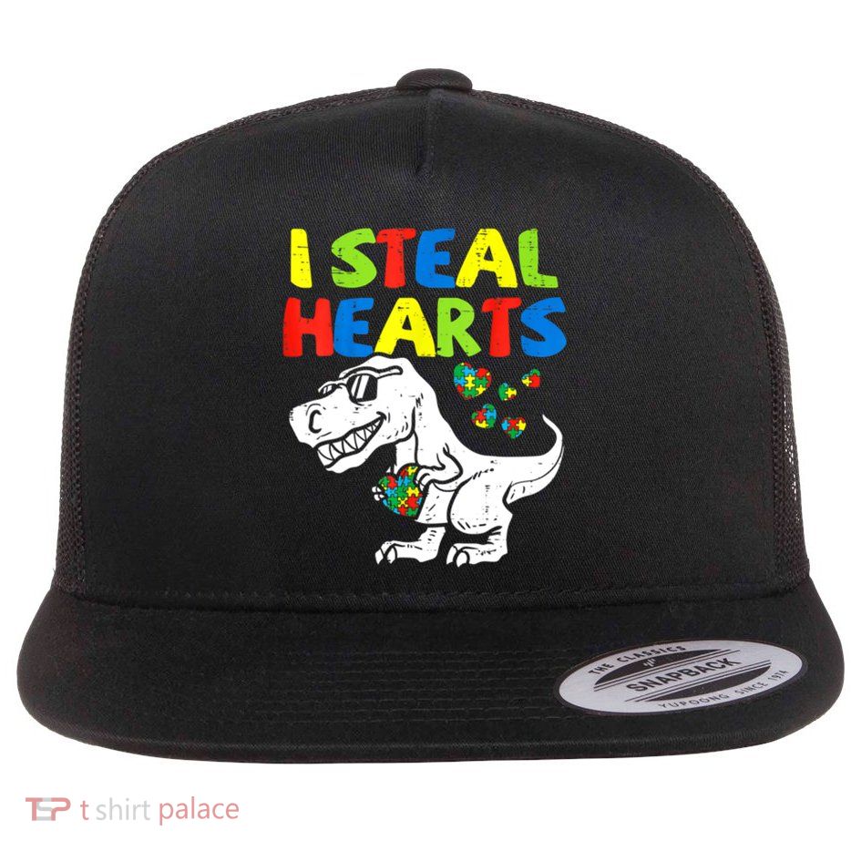 I Steal Hearts Autism Dinosaur Flat Bill Trucker Hat