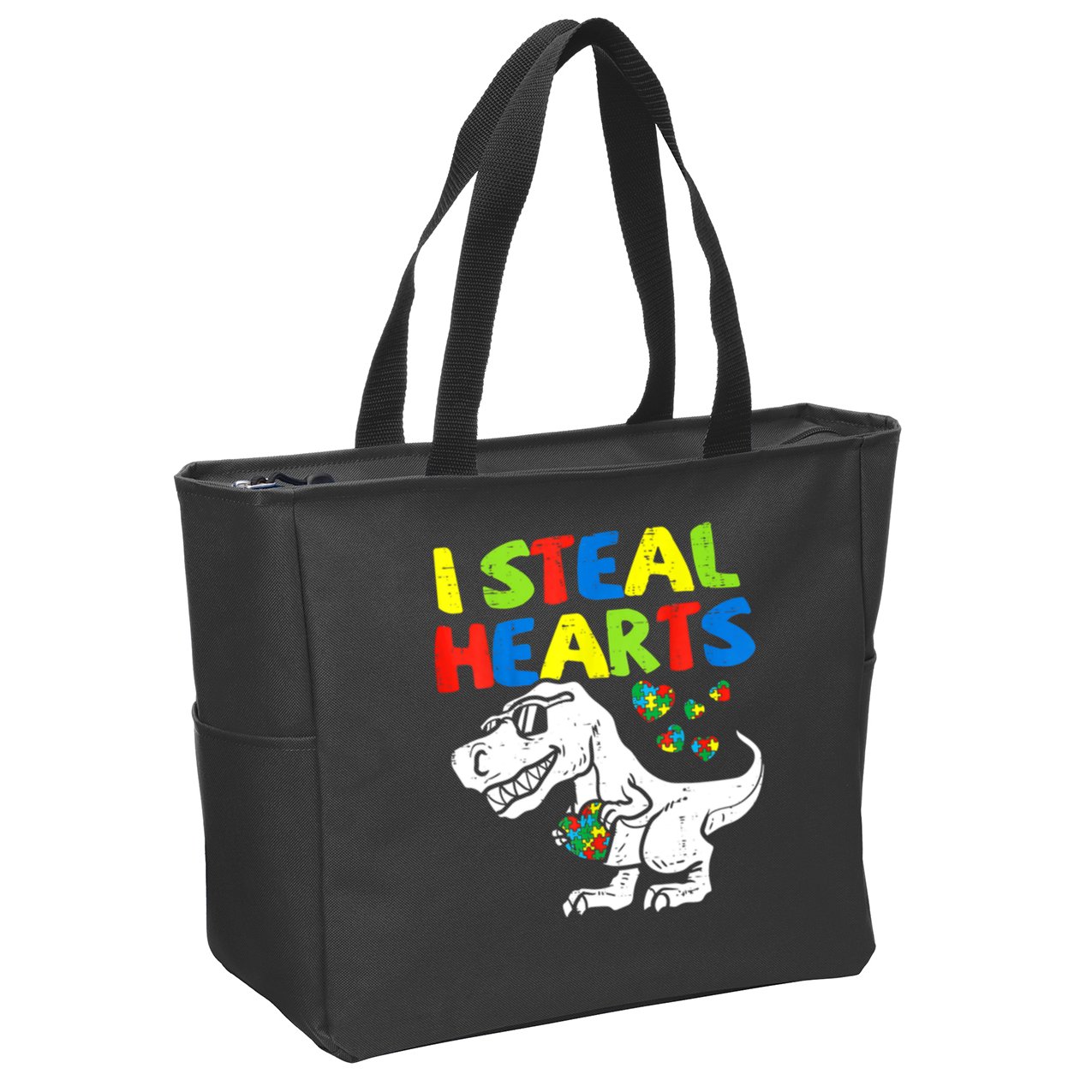 I Steal Hearts Autism Dinosaur Zip Tote Bag