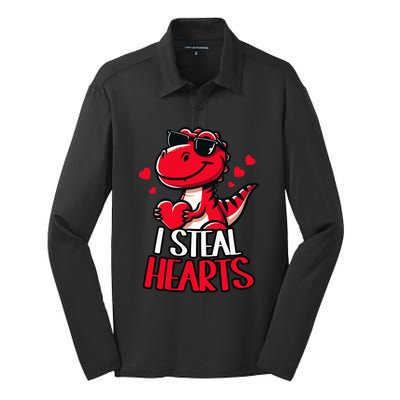 I Steal Hearts Trex Dino ValentineS Day Son Silk Touch Performance Long Sleeve Polo