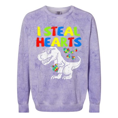 I Steal Hearts Trex Dinosaur Autism Awareness Colorblast Crewneck Sweatshirt