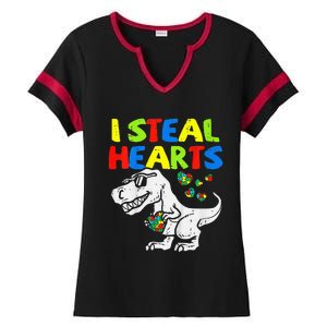 I Steal Hearts Trex Dinosaur Autism Awareness Ladies Halftime Notch Neck Tee