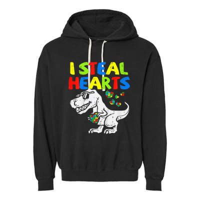 I Steal Hearts Trex Dinosaur Autism Awareness Garment-Dyed Fleece Hoodie