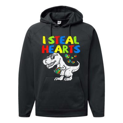 I Steal Hearts Trex Dinosaur Autism Awareness Performance Fleece Hoodie