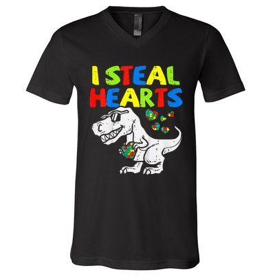 I Steal Hearts Trex Dinosaur Autism Awareness V-Neck T-Shirt