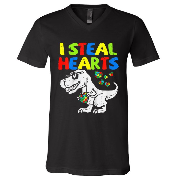 I Steal Hearts Trex Dinosaur Autism Awareness V-Neck T-Shirt