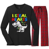 I Steal Hearts Trex Dinosaur Autism Awareness Women's Long Sleeve Flannel Pajama Set 